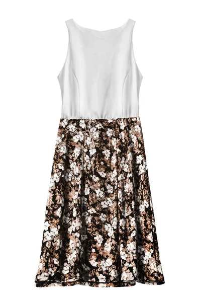 Beyaz bitti izole kahverengi çiçek baskılı etek ile zarif sundress