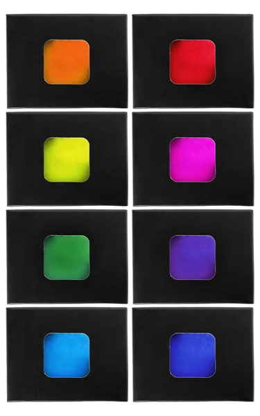 Set Colorful Mat Eyeshadows Black Boxes White Background — Stock Photo, Image