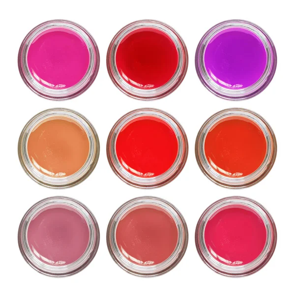 Palet Van Rode Roze Lipgloss Glazen Potten Geïsoleerd Wit — Stockfoto
