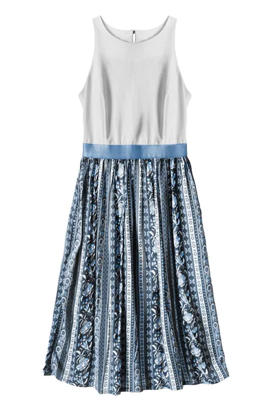 Sundress Met Blauwe Uitlopende Gedrukte Rok Geïsoleerd Wit — Stockfoto