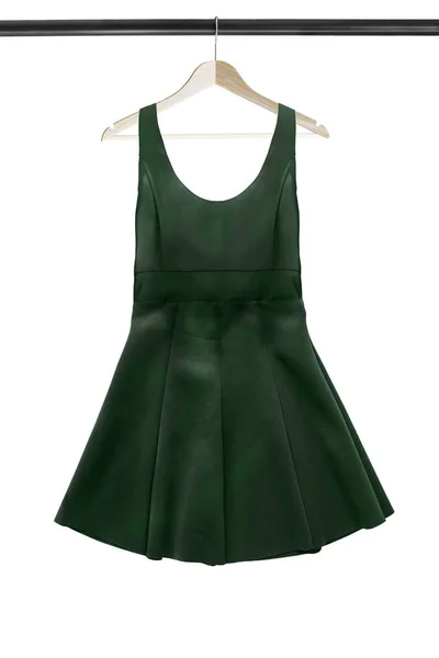Grüne Seide Mini Ausgestelltes Kleid Hängt Auf Hölzernen Kleiderständern Isoliert — Stockfoto
