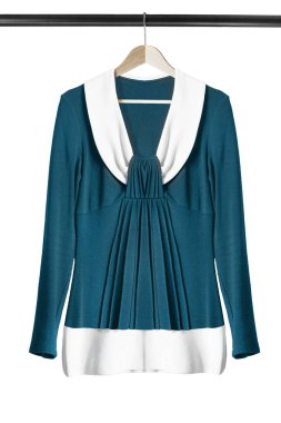 Mavi örgü şık gömlek beyaz bitti izole ahşap giysi raf asılı