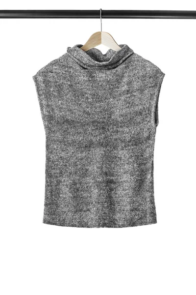 Grey Knitted Casual Sleeveless Shirt Hanging Wooden Clothes Rack Isolated — Stock Photo, Image
