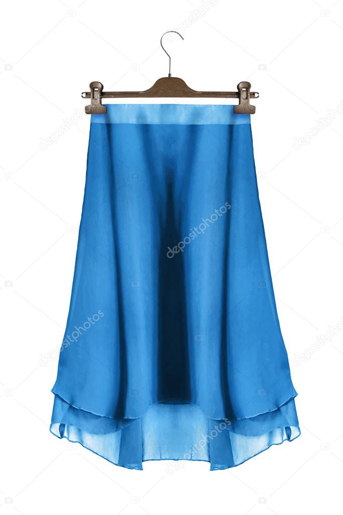Blue ciffon flared skirt hanging on clothes rack isolated over white