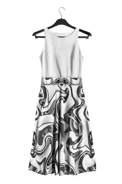 Siyah elbiseli raf beyaz bitti izole asılı siyah ve beyaz sundress