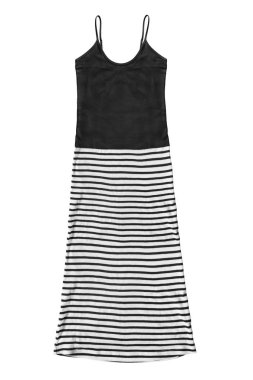 Beyaz arka planda siyah ve beyaz çizgili uzun sundress
