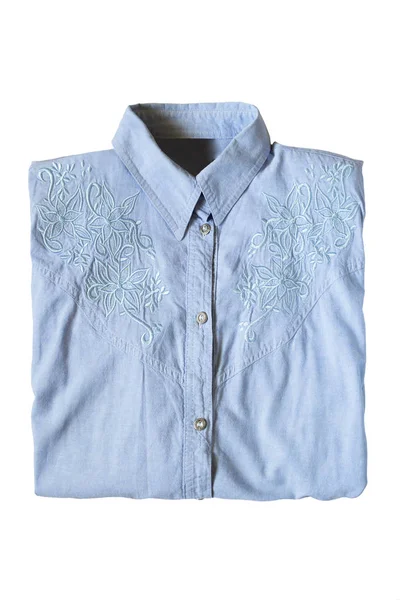 Camisa Plegada Floral Mezclilla Azul Aislada Sobre Blanco — Foto de Stock