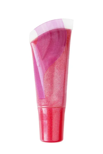 Roter Glitzernder Lipgloss Kunststoffrohr Isoliert Über Weißem — Stockfoto
