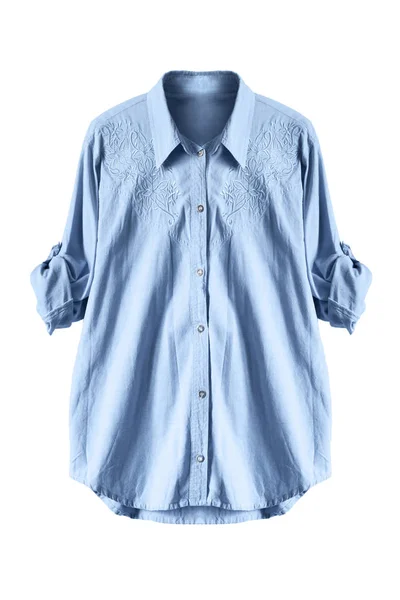 Голубая Джинсовая Рубашка Изолированная Поверх Белой — стоковое фото