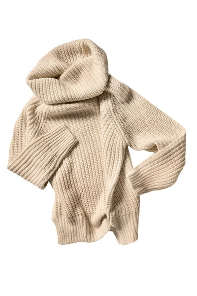 Crumpled Beige Casual Strikket Sweater Hvid Baggrund - Stock-foto