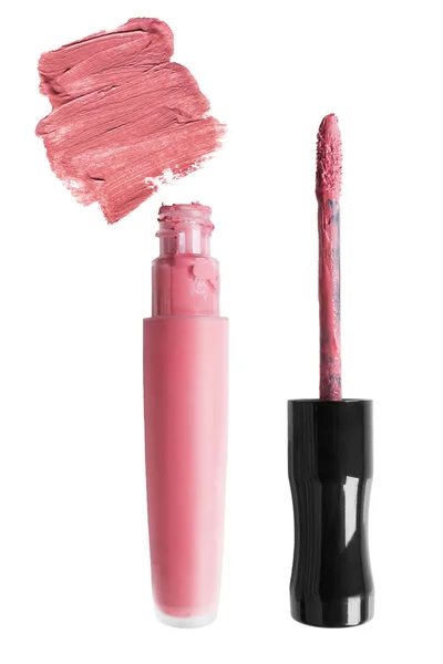 Coral Pink Lipstick Geopend Buis Mat Lippenstift Uitstrijkje Geïsoleerd Wit — Stockfoto