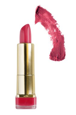 Beyaz arka plan üzerinde canlı kırmızı ruj tüpü ve ruj sürün