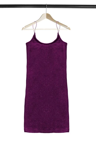 Purple Knitted Sleeveless Dress Hanging Wooden Clothes Rack Isolated White — Stock Photo, Image