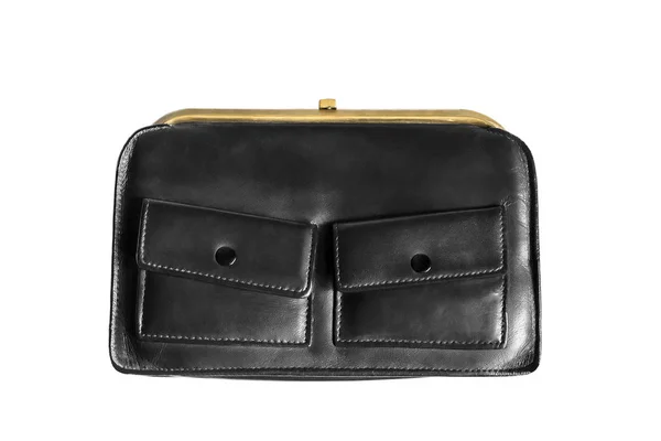 Vintage Black Leather Handbag Isolated White — Stock Photo, Image