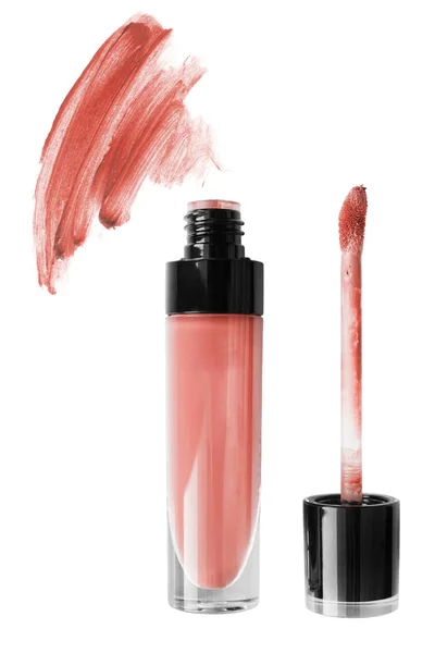 Perzik Roze Lip Gloss Buis Een Uitstrijkje Witte Achtergrond — Stockfoto