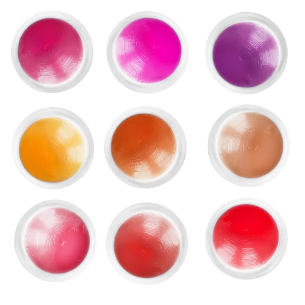 Palette Colorful Lip Balm Jars Isolated White — Stock Photo, Image