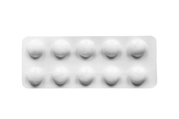 Blister Branco Comprimidos Isolados Sobre Branco — Fotografia de Stock
