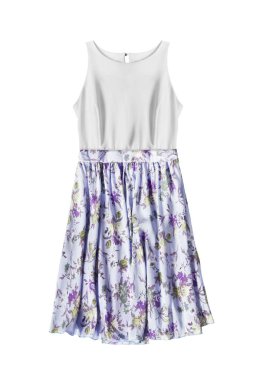 Menekşe çiçek etek beyaz arka plan üzerinde beyaz sundress