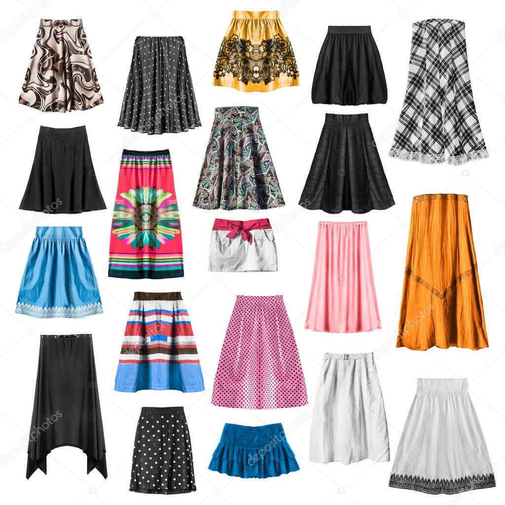 Mini and maxi colorful skirts isolated over white