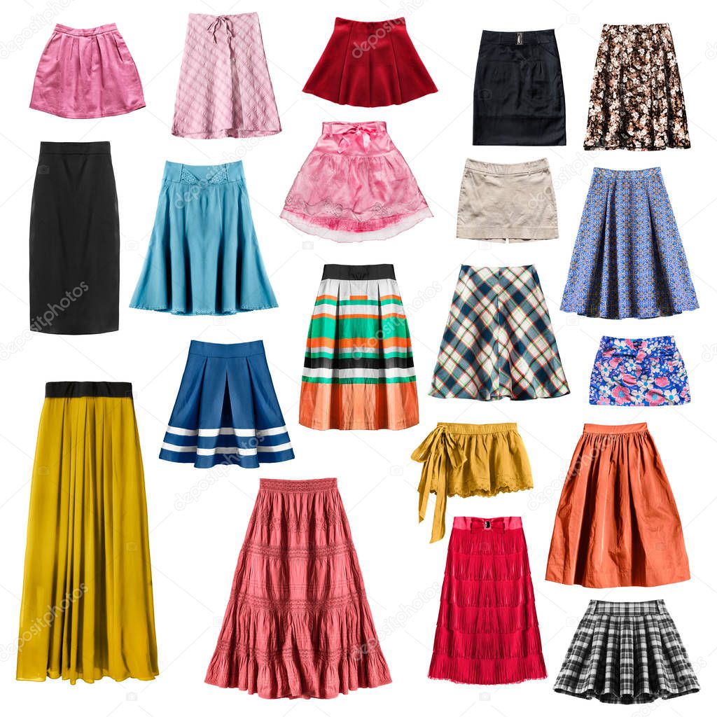 Group of colorful mini and long skirts on white background