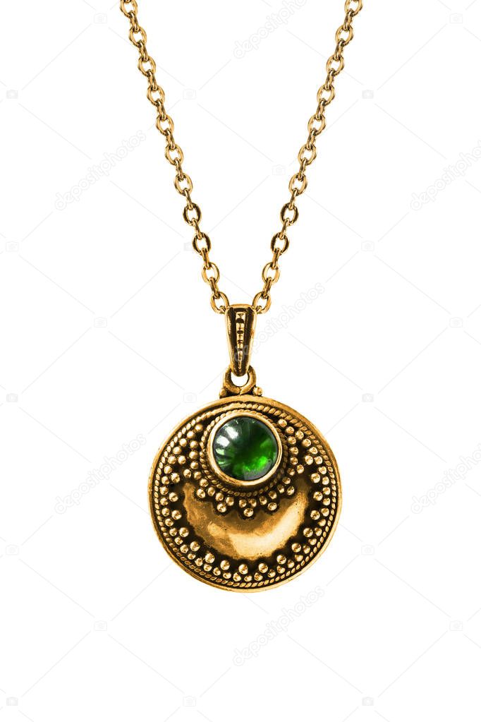 Gold emerald pendant isolated