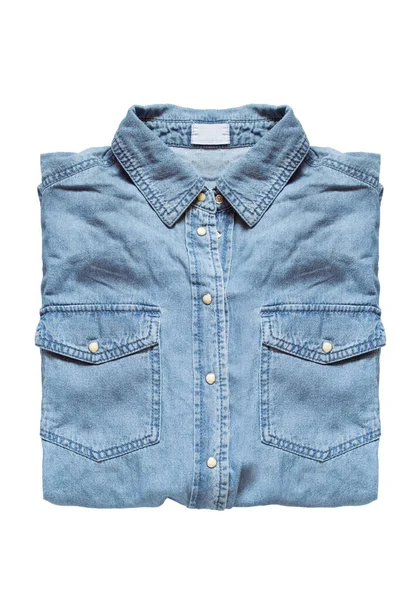 Gevouwen Blauw Denim Shirt Geïsoleerd Wit — Stockfoto