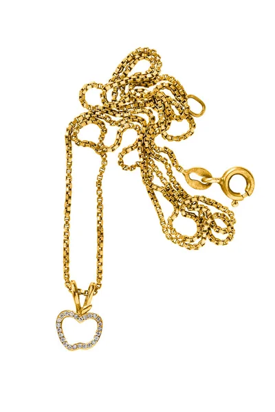 Золотое Ожерелье Бриллиантовой Подвеской Форме Яблока Белом Фоне — стоковое фото