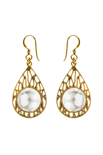 Para Eleganckich Dużych Białych Perłowych Złotych Kolczyków Białym Tle — Zdjęcie stockowe