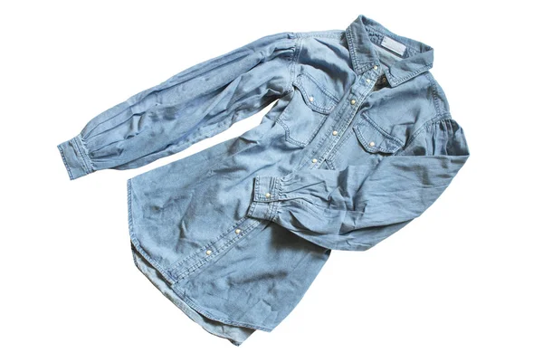 Blauwe Denim Gerimpelde Blouse Geïsoleerd Wit — Stockfoto