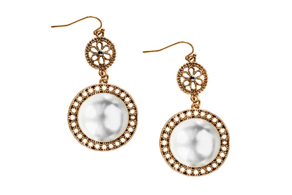 Vintage Pearl Gold Carved Earrings White Background — Stock Photo, Image