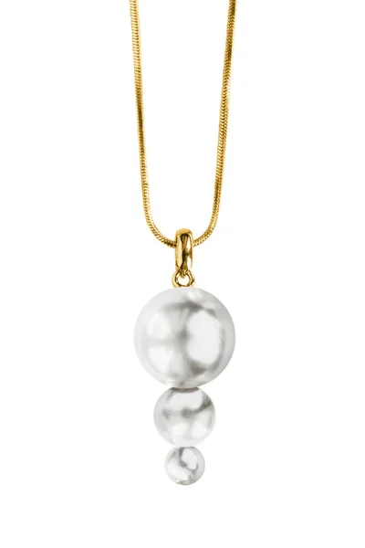 Elegante Colgante Perlas Colgando Cadena Oro Sobre Fondo Blanco — Foto de Stock