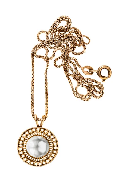 Gold Necklace Large White Pearl Pendant Isolated White — Stock Photo, Image