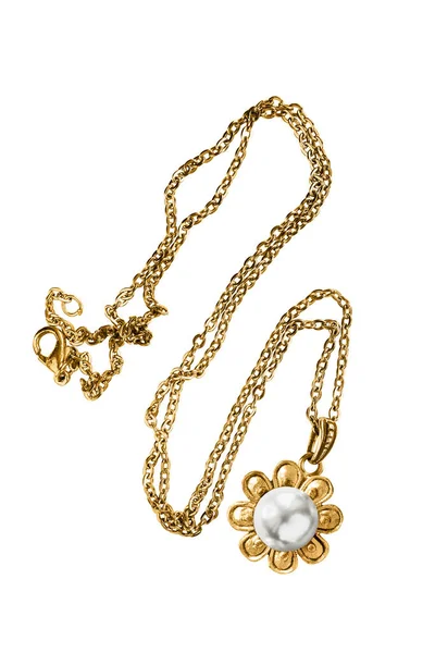 Vintage Gold Necklace Flower Shaped Pearl Pendant Isolated White — Stock Photo, Image