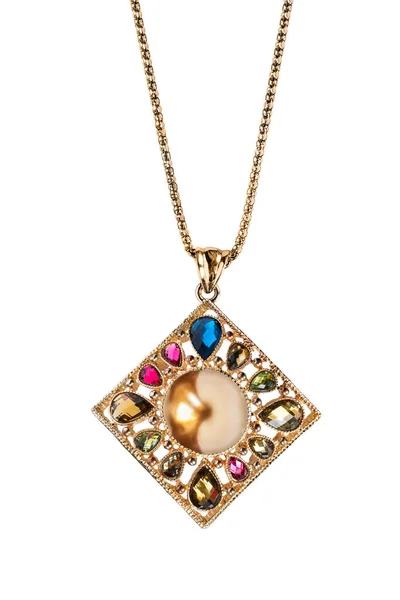 Pandantiv Aur Prețios Cristale Colorate Perlă Aurie Agățată Fundal Alb — Fotografie, imagine de stoc