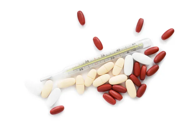 Thermometer Lot Pills White Background — Stock Photo, Image