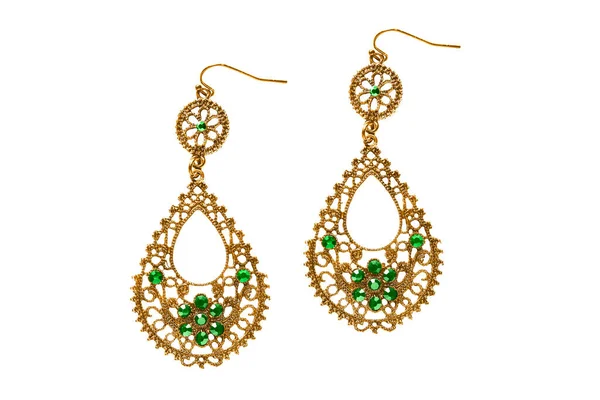 Beautiful Vintage Gold Carved Earrings Green Gems Isolated White — Stock Photo, Image
