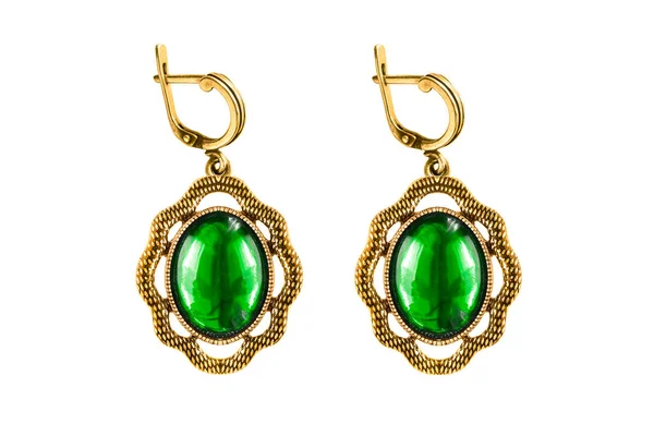 Vintage Large Emeralds Gold Earrings Isolated White — Stock Photo, Image