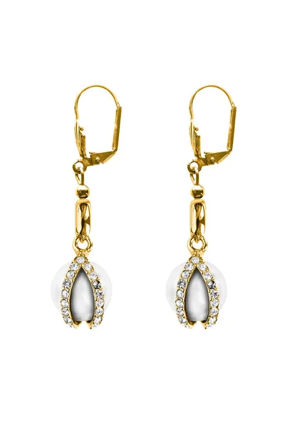 Elegantní Zlaté Perleťové Náušnice Diamanty Izolované Přes Bílou — Stock fotografie