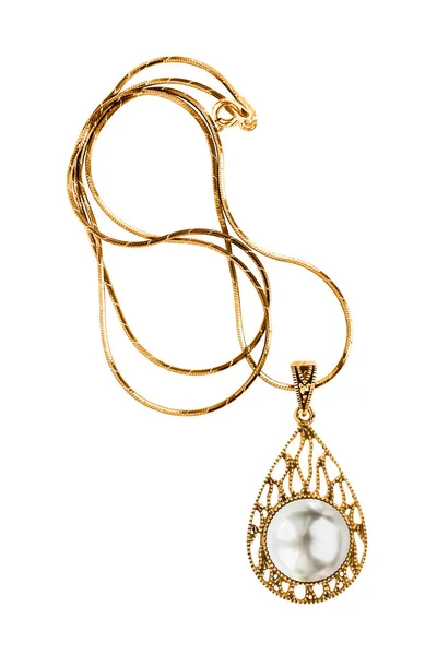 Elegant Vintage Gold Necklace Pearl Pendant Isolated White — Stock Photo, Image