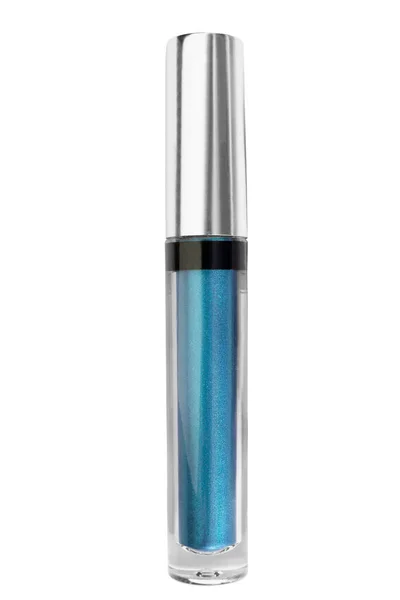 白い上に隔離された青い液体のシマーのアイシャドウチューブ — ストック写真