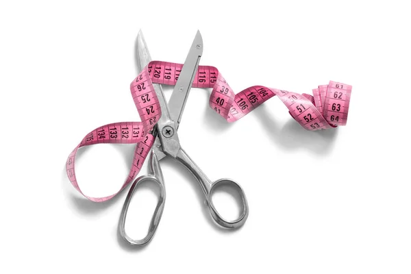 Scissors Cut Pink Tape Measure White Background — Stock Photo, Image