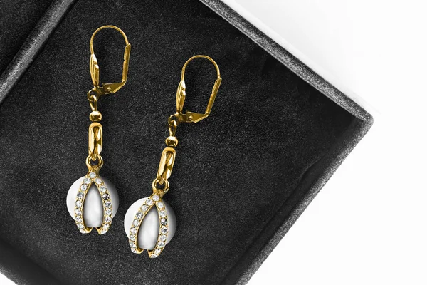 Elegant White Pearl Gold Earrings Diamonds Black Jewel Bow — Stock Photo, Image