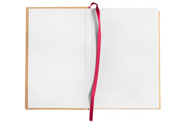 Livro Branco Aberto Com Marcador Renda Vermelho Isolado Sobre Branco — Fotografia de Stock