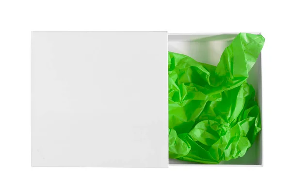 Witte Blanco Doos Met Groen Inpakpapier Geïsoleerd Wit — Stockfoto