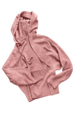 Beyaz üzerine pembe örülmüş yün kapüşonlu.