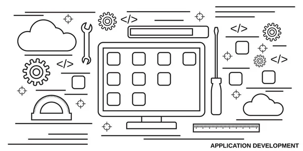 Applicatie Ontwikkeling Dunne Lijn Kunst Stijl Concept Vectorillustratie — Stockvector