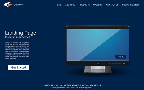 Modelo Vetor Landing Page Site Fundo Azul Com Ilustração Computador — Vetor de Stock