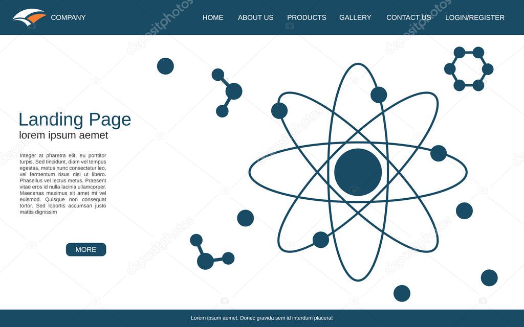 Website landing page vector design template. White background with atom thin line illustration