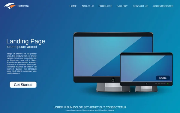 Modelo Vetor Landing Page Site Fundo Azul Com Ilustração Computadores — Vetor de Stock