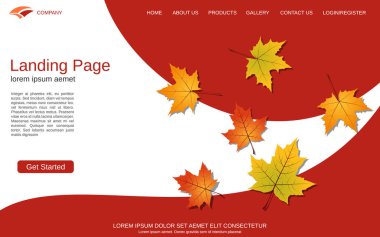 Website landing page vector template. White-red background with autumn colorful leaves clipart